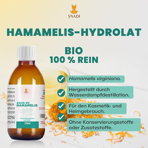Snadi - 250 ml - Hamameliswasser - BIO. Hamamelishydrolat behandelt Krampfadern und wirkt als heilendes, entzündungshemmendes und feuchtigkeitsspendendes Mittel für die Haut.