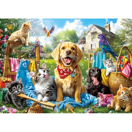 Laundry Day Pets 1000 Piece Jigsaw Puzzle for Adults Colorful Garden Scene with Dogs, Cats and Birds Jigsaw Puzzles, Family & Adult Games for Game Night