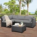 WAROOM Outdoor 5 Piece Patio Furniture Set, Black Rattan Conversation Couch Resin Wicker Sectional Sofa Outside Chair with Coffee Table, Grey Cushion