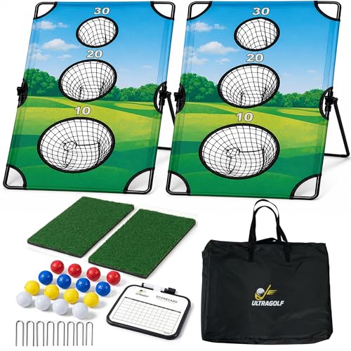 UltraGolf 2-in-1 Golf Cornhole Chipping Game Set for Adults Families and Golf Lovers Foldable Yard Game with Targets Non-Slip Mats Balls Stakes Portable Outdoor Lawn and Backyard Simulator