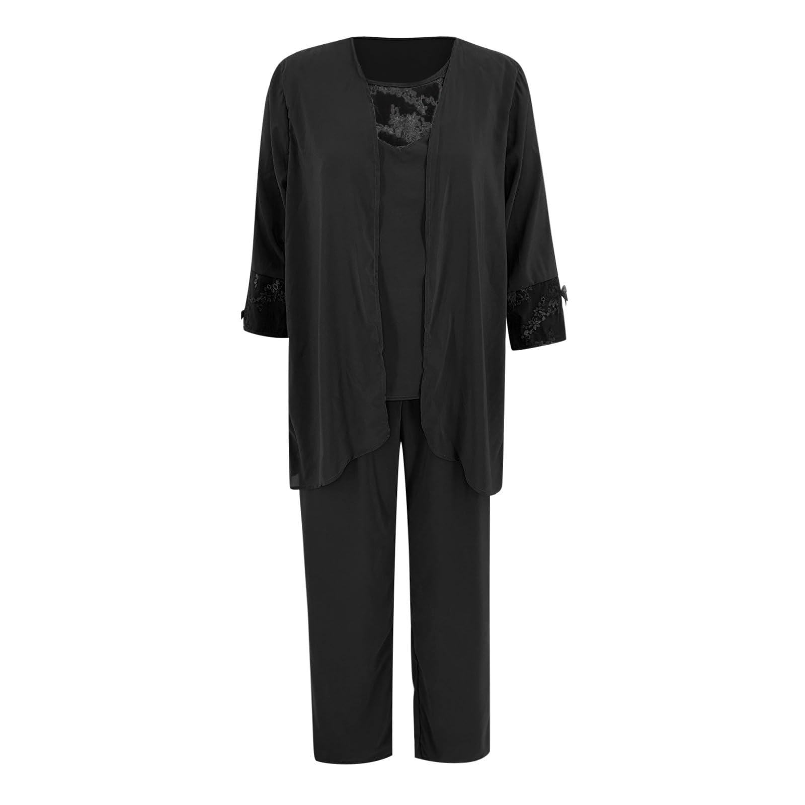 3 Pièces Ensemble Femme Chic Et Elegant- Ensemble Pantalon Et Haut Fluide Couleur Unie Mousseline De Soie Décontracté Coupe Ample Gilet + Cardigans Léger Confortable Soirée Fête Tailleurs Pas Cher