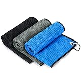 Golf Towels for Golf Bags 3 Pack 16" X 16" with Carabiner Clip, Tri-fold Microfiber Waffle Pattern G