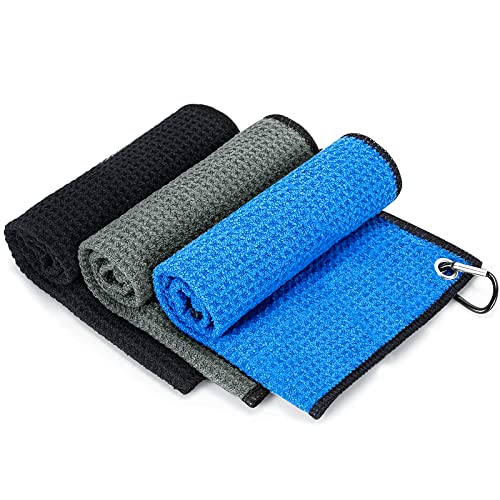 Golf Towels For Golf Bags 3 Pack 16" X 16" With Carabiner Clip, Tri-Fold Microfiber Waffle Pattern Golf Towel Golf Cleaning Accessories For Men Women To Remove Sand, Mud, Grass And Dirt #TOP8