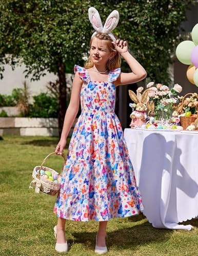 Little Girls Dresses Casual Summer Dress Ruffle Sleeve Floral Tiered Sundress Smocked Shirred Party Dress 3-10 Years2