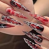BABALAL Goth Press on False Nails Long Stiletto Claw Fake Nails Black Red Glue on Silver Chrome Y2k Design Gothic Punk Halloween Supplies 24Pcs XL Glossy Full Cover Sharp Acrylic Nails