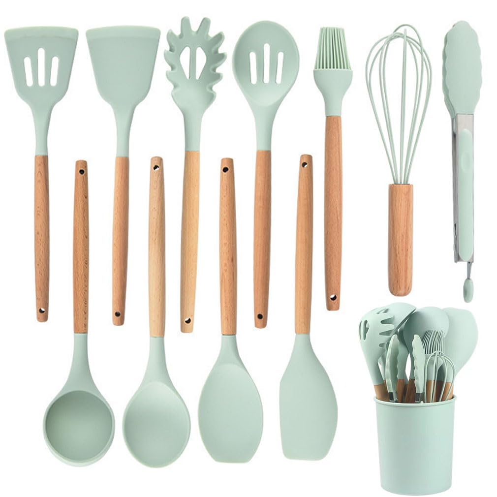 12 PCS Silicone Cooking Utensils Set with Wooden Handle, Kitchen Utensil Set, Heat Resistant, Nonstick Cookware Tongs Spatula Spoon Set, Dishwasher Safe, Best Kitchen Tools with Holder (Green)