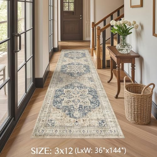Tortania Area Rug 3x12 Runner Rugs - Washable Vintage Oriental Farmhouse Thin Indoor Carpet for Living Room Bedroom Hallway Entryway Kitchen Under Dining Table Home Office - Cream/Blue