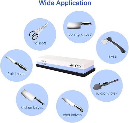 Miniatura 6 de Piedra de afilar cuchillos, grano de 2 caras 1000/6000 juego de piedra de afilar con base de silicona antideslizante para cocina casera (azul y