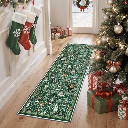 Madane Christmas Hallway Runner Rug - 2x5 Washable Green Runner Rugs Non-Slip Low-Pile Kitchen Xmas Holiday Decor Laundry Room Rug Throw Carpet for Entrance Bedroom Living Room