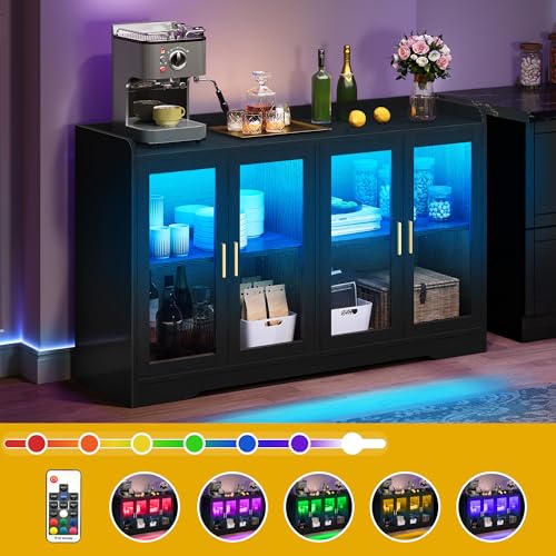 DWVO 55'' Sideboard Buffet Cabinet, Coffee Bar Cabinet with LED Light, 4 Doors & Adjustable Shelves, Large Storage Cabinets for Kitchen, Dining Room, Living Room, Black