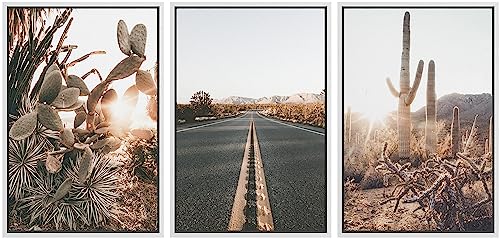 NWT Framed Canvas Print Wall Art Set Joshua Tree Desert Landscape Road Trip Texas Nature Wilderness Photography Modern Art Decorative Minimalist Floral Botanical for Bedroom - 16"x24"x3 White
