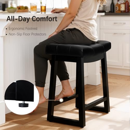 Image of Counter Height Bar Stools Set of 6, 24 Inch Backless Upholstered Leather Counter Stools with Wood Legs, Modern Farmhouse Saddle Stools for Kitchen Island, Home Bar, Black