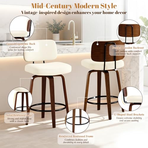 Image of Counter Height Bar Stools Set of 2, 26+inch Swivel Faux Leather Barstool with Back, Upholstered Mid-Century Modern Bar Chairs with Bent Wood Legs for Kitchen Counter, Dining Room, Cream White