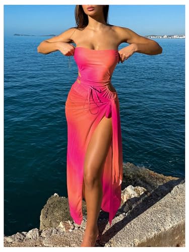 Milumia Women's Ombre Strapless Cut Out One Piece Swimsuit with Cover Up Skirts4
