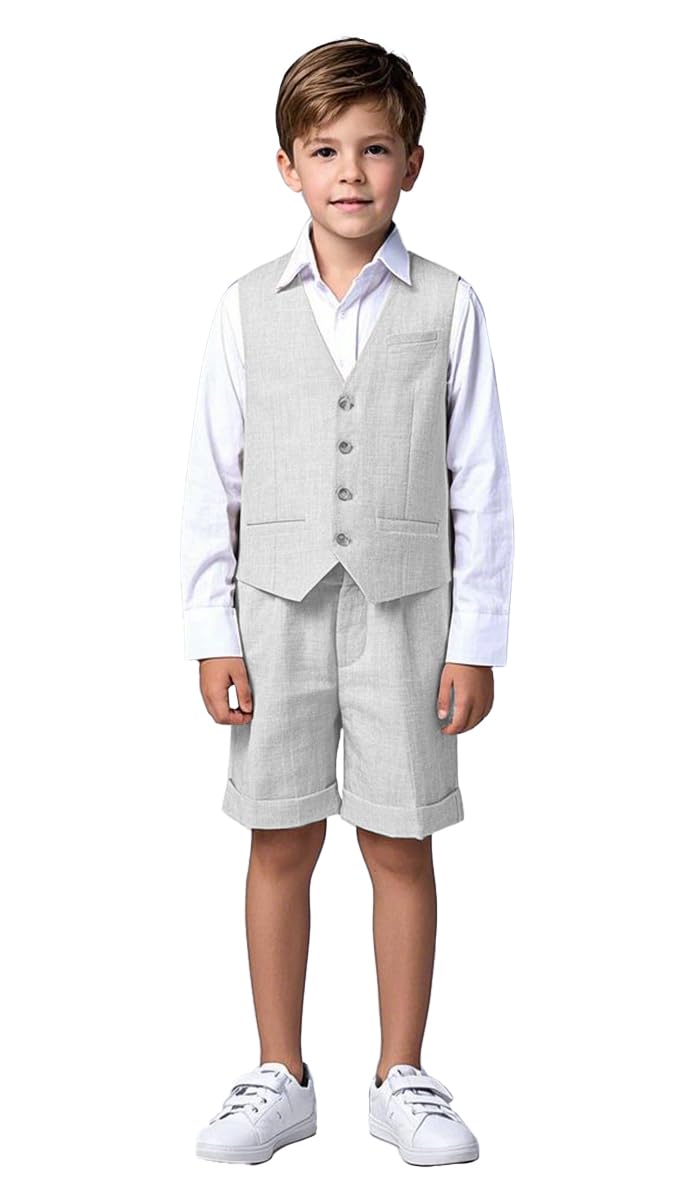 Traje de lino de 2 piezas para niños, chaleco y pantalones cortos, verano, playa, boda, esmoquin, traje formal para portador de anillos, blanco, 12 años