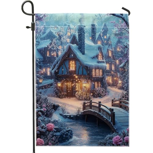 Bandera de jardín de pueblo nevado del país de las maravillas de invierno, color azul, acogedoras cabañas para decoración del hogar, banderas de jardín, bandera de arpillera de doble cara, decoración