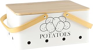 Potato Storage for Pantry, Metal Potato Storage Box with Bamboo Lid and Handle, Potato Bin Onion Storage with Aerating Holes, Kitchen Counter Organizer Container for Potato Onion Garlic-White