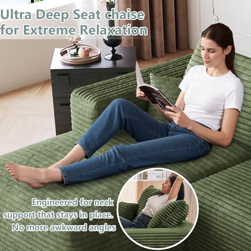 Image of 95 inch Modular Sectional Sofa with Ottoman, Modern Corduroy Cloud Couch with Deep Seat, Boneless Couch Upholstered 3-Seater U-Shaped Sofa for Living Room, No Assembly (Green,Left-Facing Chaise)