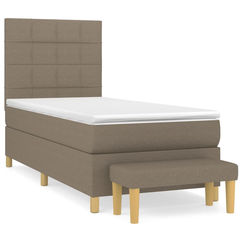 Tkanina z regulowanym zagłówkiem kontynentalne 90x200 cm Taupe | Łóżko kontynentalne 90x200 z materacem sprężynowym, tapicerowane tkaniną, szarobrązowe, z zagłówkiem i ławką