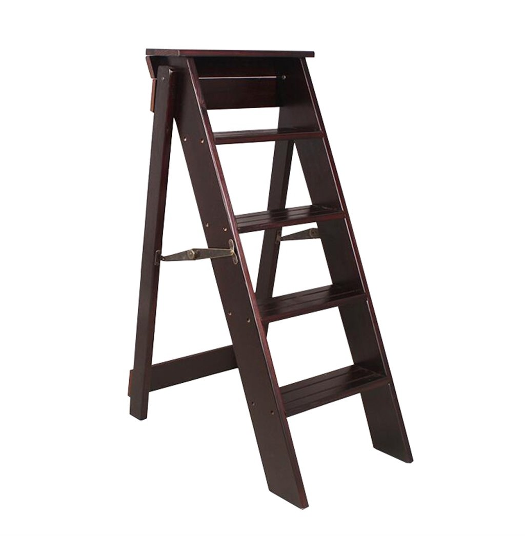 LAXF-Chairs Step Stool Wooden Adult Wooden Folding Step Stool Ladder 5 Steps (Color : Black walnut color)