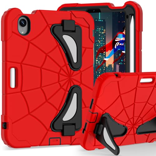 Image of Kids Case for iPad Mini 7 A17 Pro 2024 / Mini 6 8.3 inch, Spider Case for iPad Mini 7th 6th Generation, Shockproof Durable Full Protective Cover with Pencil Holder, Kickstand (Red+Black)