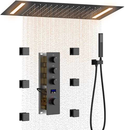 KATAIS Black Shower Faucet Set Temperature Display Smart Shower System with 6 Body Jet, 14X20 inch Ceiling Rainfall Shower, Handheld Spray