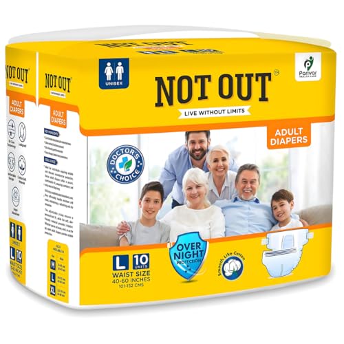 NOT OUT Adult Tape Diapers - Overnight Protection with 3D Core, Odour Control & Up to 12-Hour Absorption | Large (40-60 Inches) | 10 Diapers | Pack of 1
