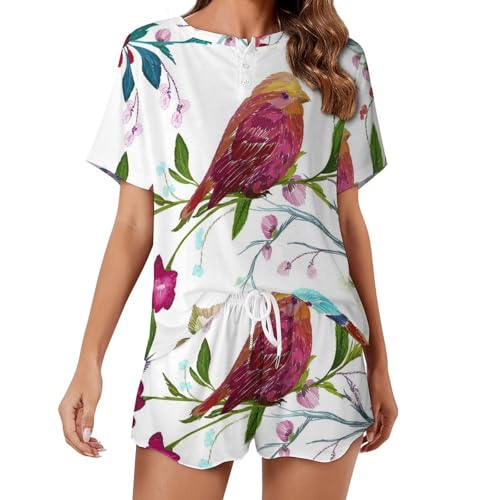 Ensemble de pyjama pour femme oiseau et fleur le vêtement de nuit été idéal à offrir