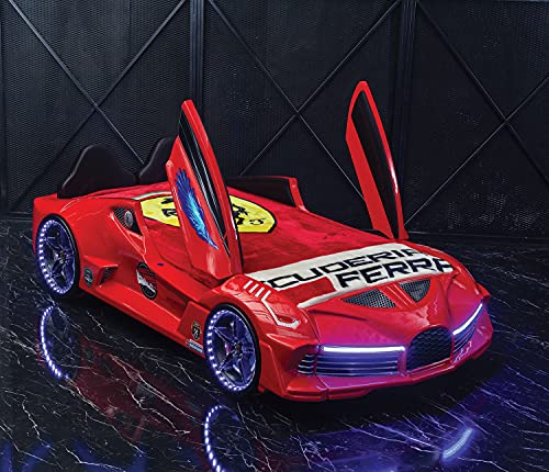 Car Bed for Boys - Racing Car Bed with Led Lights, Single Toddler Bed for Kids with Leather Cushioning, Red Kids Bed Frame with Remote Control Lights & Sounds for Kids, Boys & Girls - Opening Doors Car Bed for Boys - Racing Car Bed with Led Lights, Single Toddler Bed for Kids with Leather Cushioning, Red Kids Bed Frame with Remote Control Lights & Sounds for Kids, Boys & Girls - Opening Doors