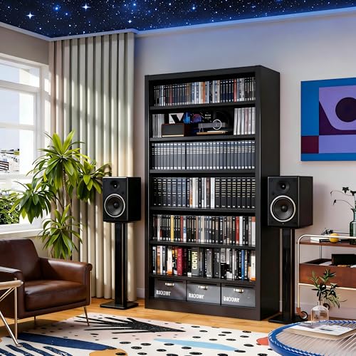 Image of 7 Tier DVD Storage Cabinet Shelf, Metal Media Storage Shelf with Adjustable Shelves, CD DVD Display Cabinet for Living Room & Home Office (Black)