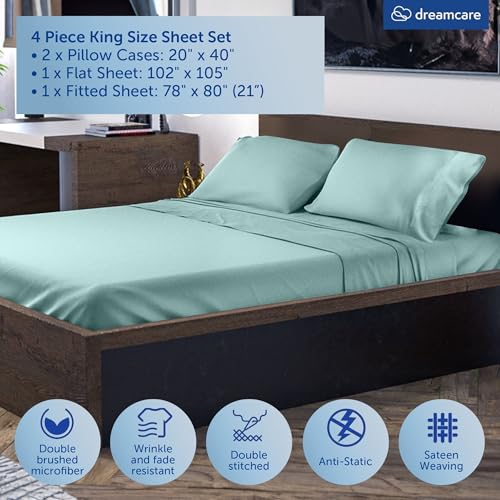 Image of DREAMCARE King Size Sheets Set - 4 pcs Breathable Cooling Sheets - up to 21 inch Extra Deep Pocket King Sheet Set with Side Pockets - Extra Soft 100% Brushed Hypoallergenic Hotel Luxury Bedding Spa Blue