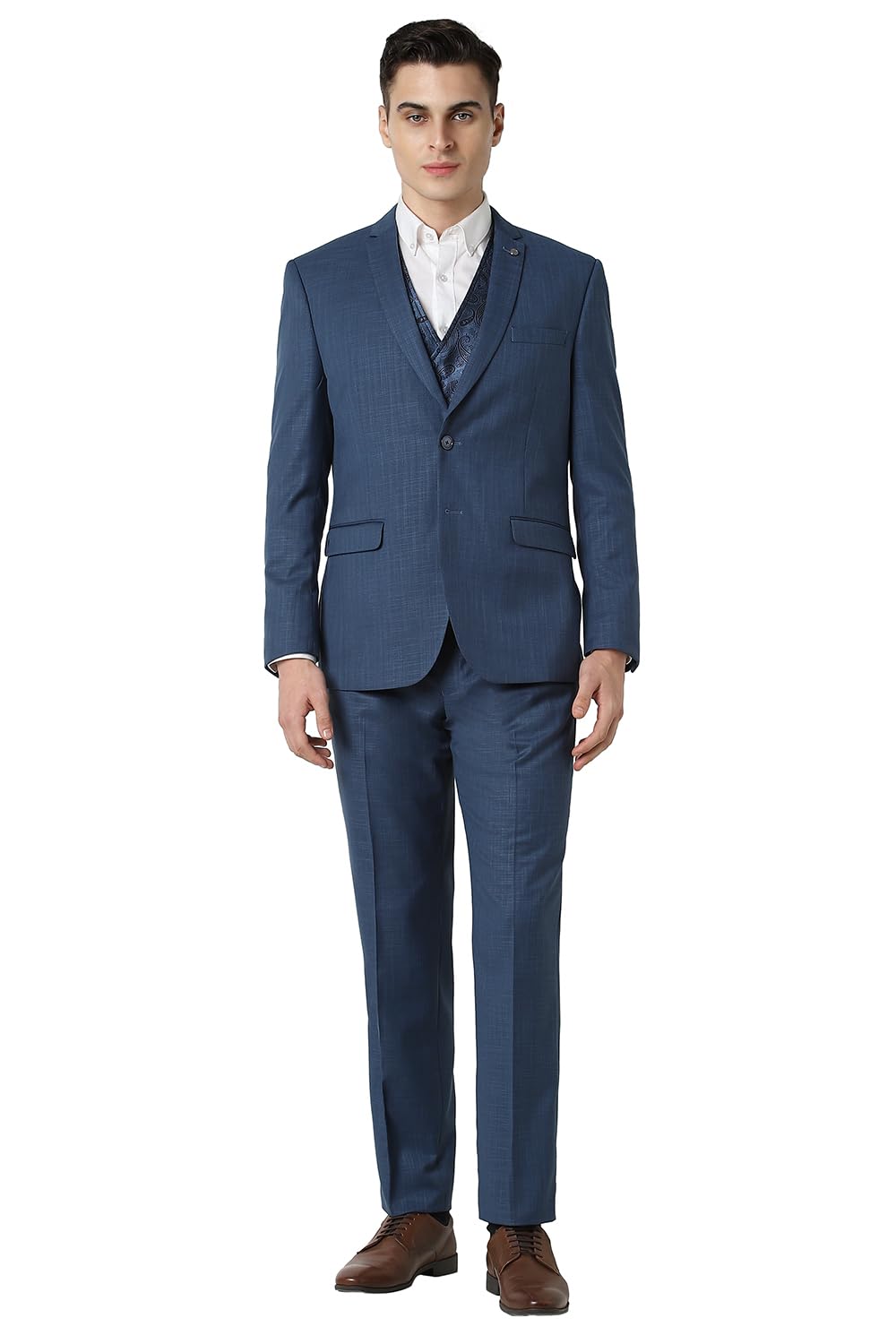 Men Navy Textured Slim Fit Wedding Three Piece Suit