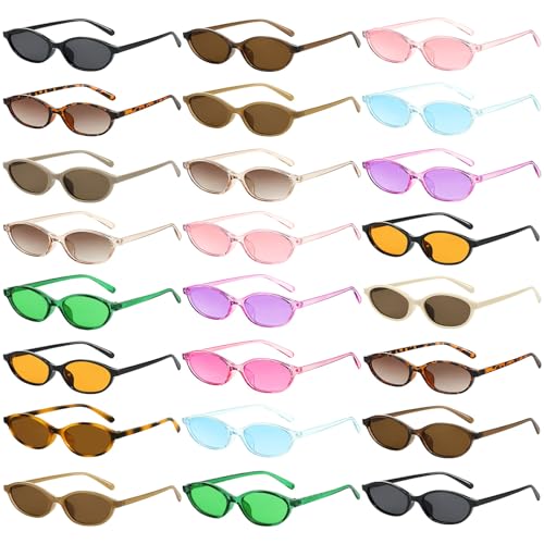 12/24 Pack Retro Oval Cat Eye Sunglasses for Women Bulk Y2k Designer Trendy Narrow Shades 90s Small Sun Glasses Set