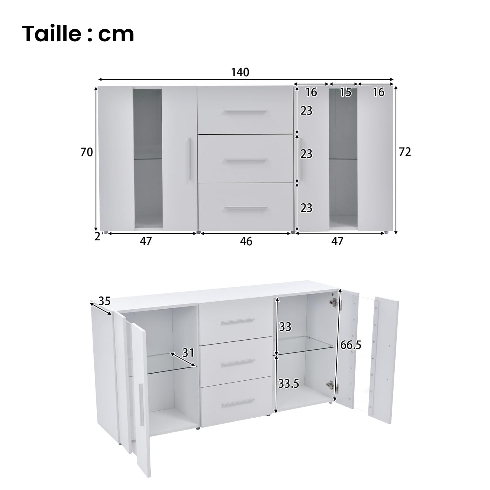 KOMHTOM Buffet Lumineux à LED, Meuble TV Moderne Blanc, Armoire de Rangement avec 3 tiroirs et 2 Portes, Commode pour Salon, Chambre à Coucher, Couloir et Salle à Manger (H)