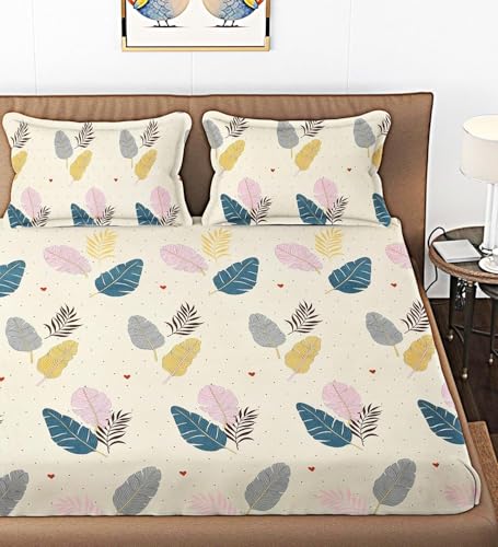 Image of BSB HOME 100% Cotton Feel Double Bed Bedsheet Set | 144 TC Soft & Breathable | Cream Leaf Print with 2 Pillow Covers | Wrinkle Free | for Bedroom & Gifting (90 x 90 Inches)