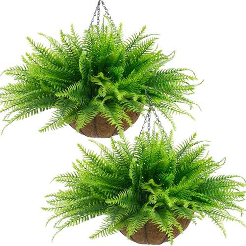 2 Pcs Fake Ferns Plant baskets Artificial Hanging Plants 2 Hanging Planters with 24 Pcs Leaves for Indoor Outside Decorations for Front Porch Garden Balcony Patio Home Decor (2 Light Green)
