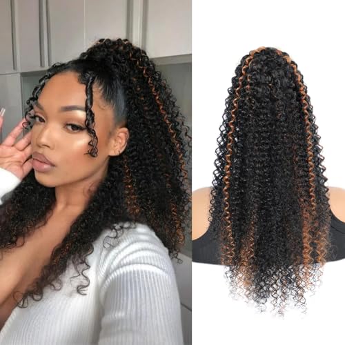 Drawstring Ponytail Extension for Women 18inch Afro Kinky Curly Ponytail Extension Synthetic Long Pony Tails Hair Extensions Hair Pieces for Daily Use (Brown Highlights, 18inch)
