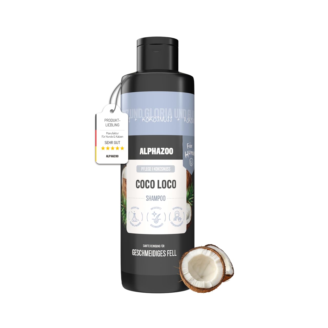 alphazoo Coco Loco Shampoo für Hunde 250ml – Mildes Hundeshampoo mit Kokosnussfruchtextrakt. Sanfte Reinigung & glänzende Pflege für Fell & Haut. Frei von Parabenen und Silikonen