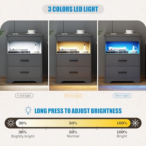 Image of LED Night Stand with Gun Drawer, Bedside Table with Charger Station & Human Sensor Light, Modern End Table with Drawers for Bedroom Office, Grey