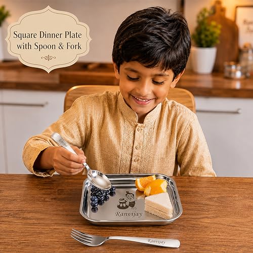 Image of SAVRI Personalized Stainless Steel Square Lunch & Dinner Plate with Spoon & Fork Name & Favourite Character Engraved. Kids, Birthday Party, Return Gift Snacks. Size - 7 * 7 Inches.