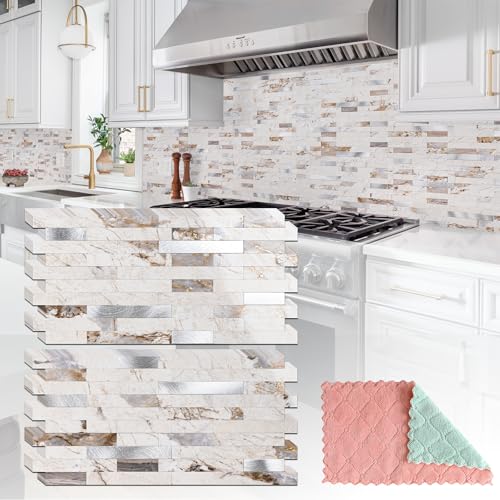StyloVue 20 Sheets Peel and Stick Backsplash for Kitchen, 2026 Upgraded Ivory Calacatta Marble Look with Silver Metal Accents, Glossy Finish, Stick on Tile for Kitchen Backsplash, RV, Fireplace by StyloVue - Used condition - CA$58.76