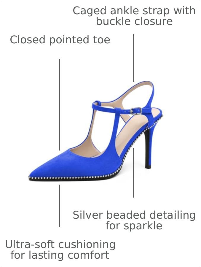 Image of SAMMITOP Womens High Heels Ankle Strap Pointed Toe Stilettos Patent Leather Beaded Pumps Dress Shoes 3.5 Inch