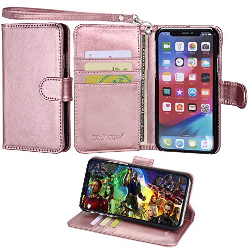 Wisdompro iPhone Xs Max Case, Premium PU Leather 2-in-1 Protective Folio Flip Wallet Kickstand Case with Credit Card Holder Slots for Apple iPhone Xs Max - Rose Gold