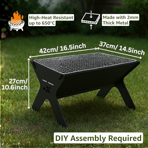 Image of ecofynd Portable Charcoal Barbeque Grill, Modern Foldable & Compact BBQ Set for Home, Picnic, Camping, Traveling, Outdoor Cooking, Bonfire, Heavy Duty Firepit Tandoor tools (Stellar Black, BBQ002)