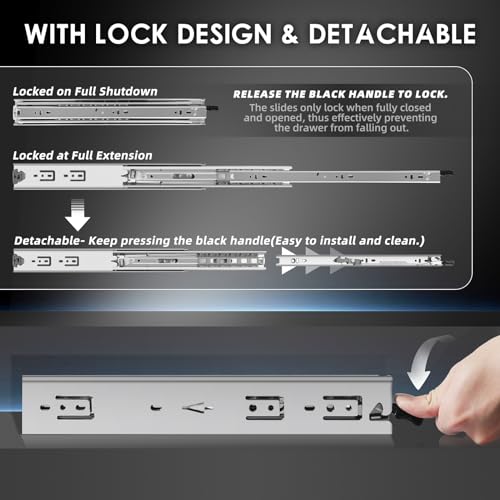 AOLISHENG 1 Pair Heavy Duty Drawer Slides with Lock 12 14 16 18 20 22 24 26 28 30 32 34 36 38 40 Inch 100 lb Load Capacity Side Mount Full Extension Ball Bearing Cabinet Locking Rail Tool Box Runner