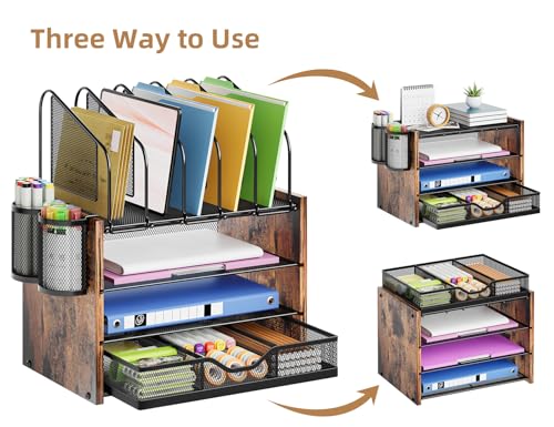 Image of Marbrasse Desk organizer with Drawer, 4-Tier Wooden File Organizer with 5 Vertical File Holders and 2 Pen Holders, Desk Organizers and Accessories for Home Office - Dark Brown