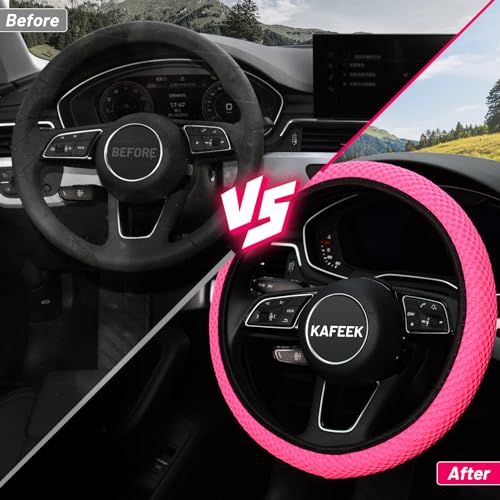 Image of KAFEEK Elastic Stretch Steering Wheel Cover, Universal 15 Inch, Rose Red