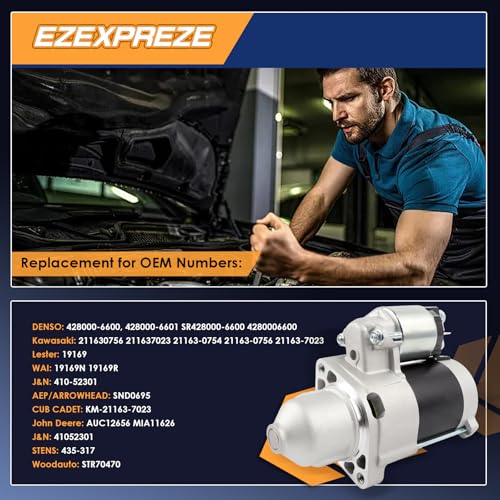 Image of Ezexpreze 19169 New Starter Motor Replacement for Kawasaki FX730V FX691V FX600V FX651V FX541V FX481V, John Deere 636M 652R 648R Z445 Z920A WHP52A WH48A, OE# 428000-6600 21163-0756 21163-0754