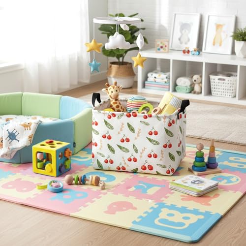 Image of Kid Cute Rectangle Storage Basket Baby Toy Clothes Storage Bin Nursery Playroom Bedroom Decor Basket (Painted Cherry)
