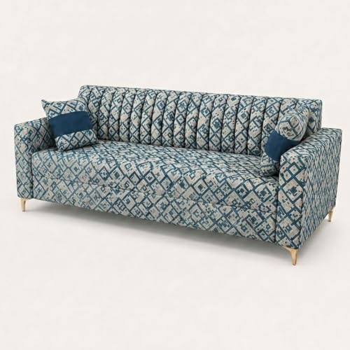 Image of FURNY Signature Regalia 3 Seater Sofa Set | Tapestry Fabric | 40D Foam + Zigzag Spring | 3-Yr Warranty (Lagoon Mosaic Blue) | Modern Living Luxury Sofa Set for Home, Office & Hotel Spaces